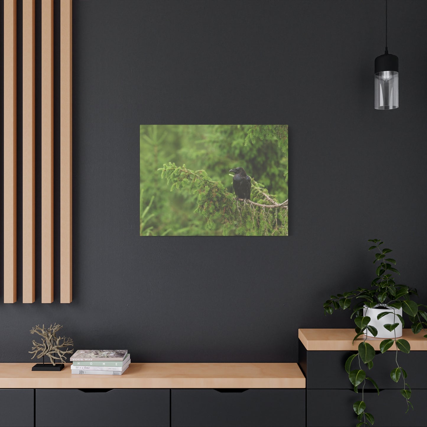 Raven on Evergreen Branch Matte Stretched Canvas Wall Art