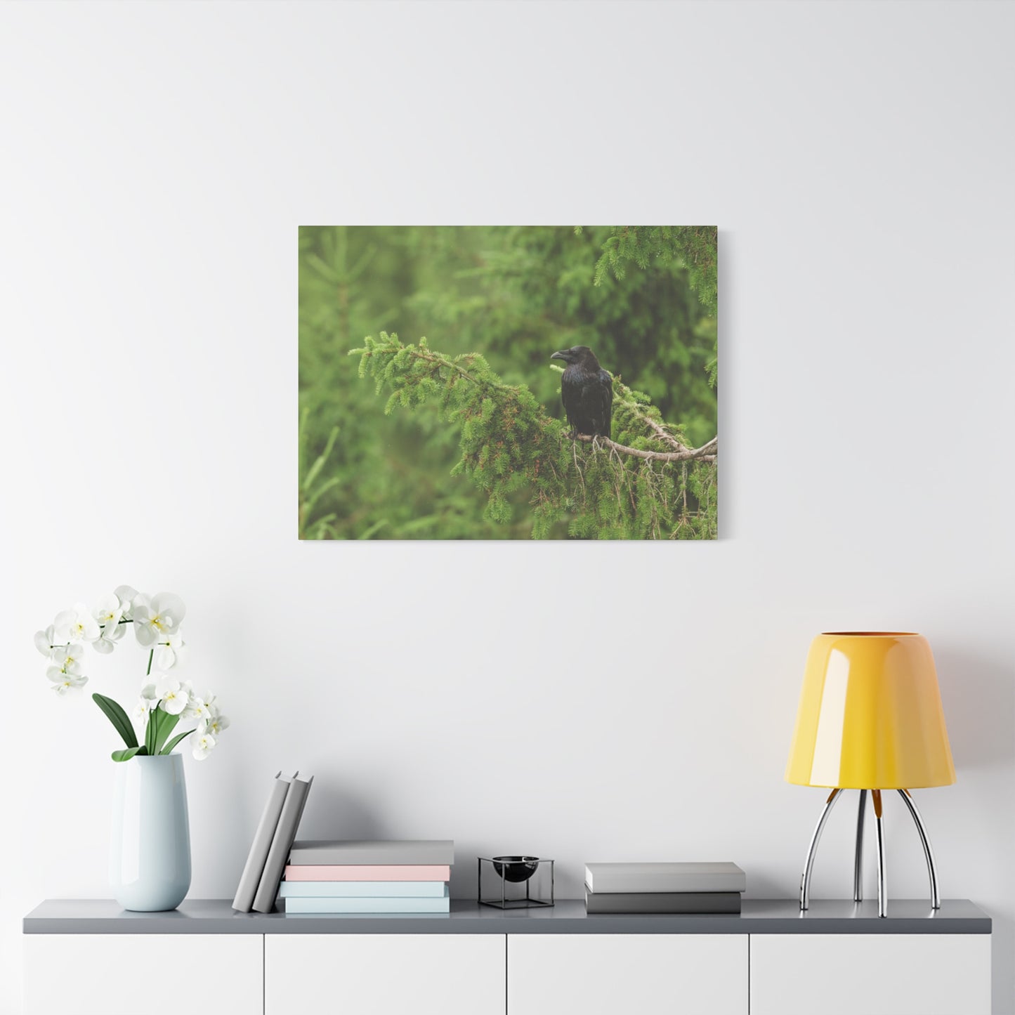 Raven on Evergreen Branch Matte Stretched Canvas Wall Art
