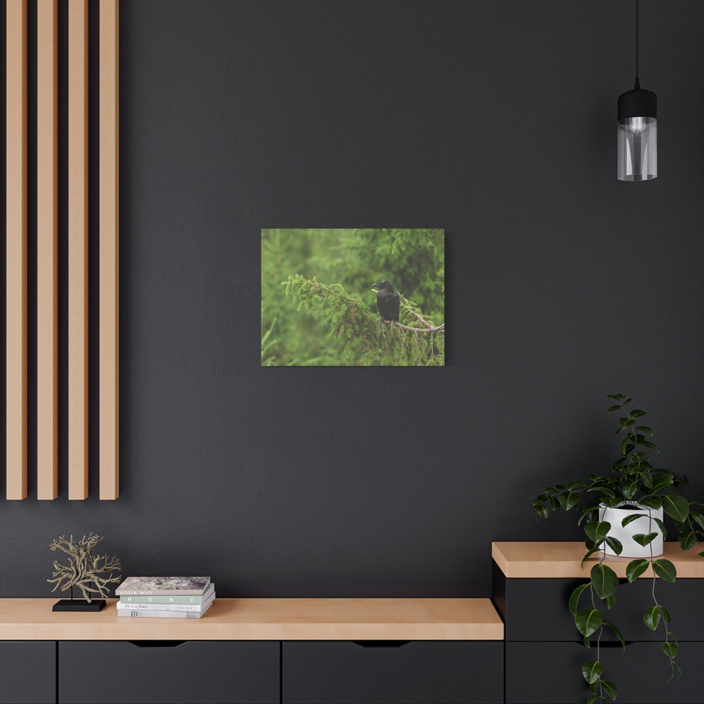 Raven on Evergreen Branch Matte Stretched Canvas Wall Art